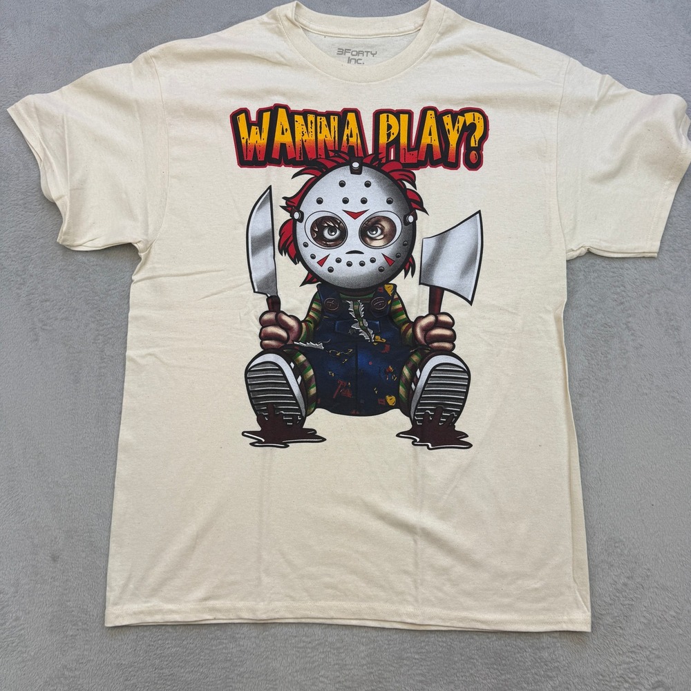 3Forty Inc Graphic Tee‎ Mens L Cream Wanna Play Chucky Jason Mashup Horror